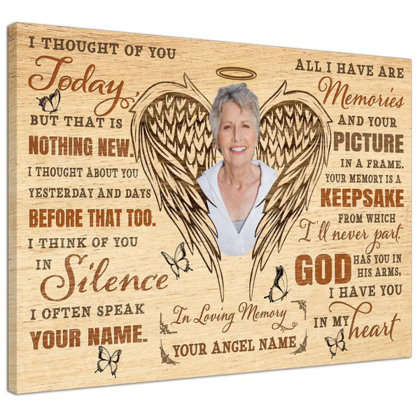 Personalized Canvas Prints Custom Photo And Name - Memorial Photo Gifts Angel Wings I thought of you today, Remembrance Dem Canvas