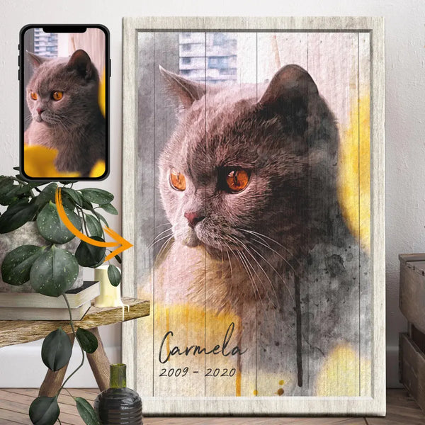 Personalized Photo Canvas Prints, Portrait Cat Loss Gifts, Pet Memorial Gifts, Cat Sympathy, Cat Portrait In Watercolor Dem Canvas