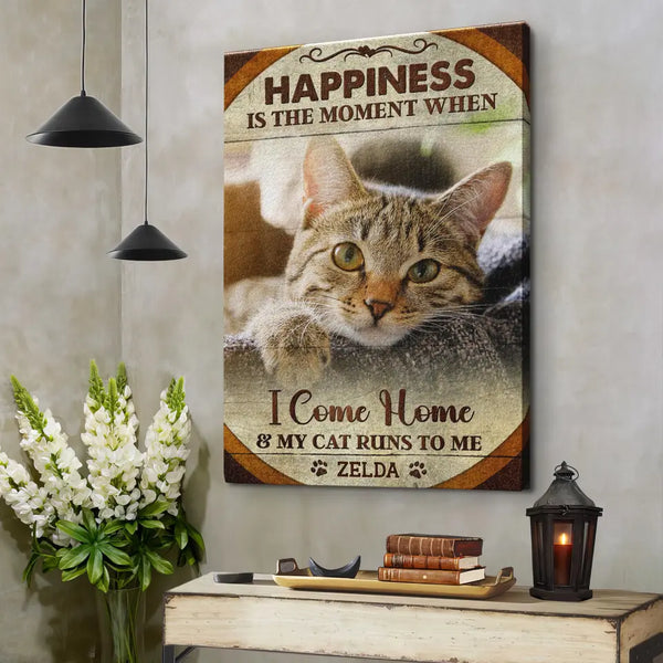 Personalized Canvas Prints, Custom Photo,  Pet Photo Gifts, Happiness Is The Moment Wall Art Decor, Gifts For Cat Lovers Dem Canvas