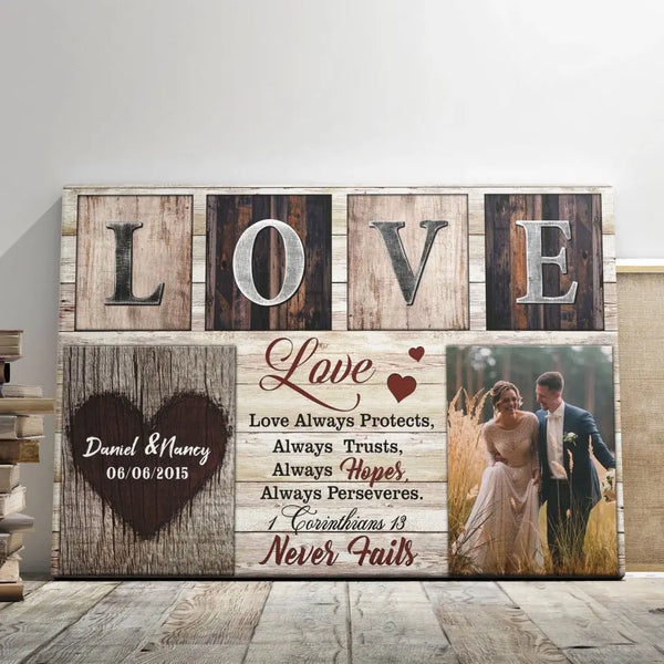 Personalized Canvas Prints Custom Photo, Couple Gift, Christian Wedding Gift Love Never Fails 1 Corinthians 13 Dem Canvas