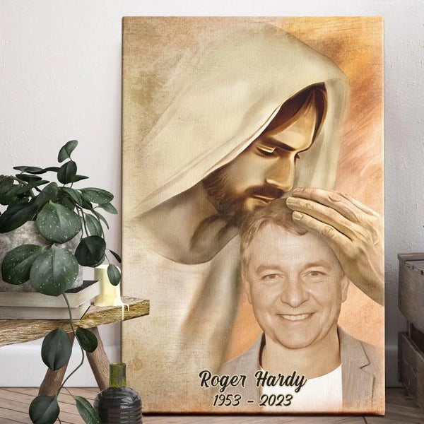 Personalized Canvas Prints Custom Photo And Name, Memorial Gift, Dad Loss Gift, Safe In The Arms Of Jesus Dem Canvas