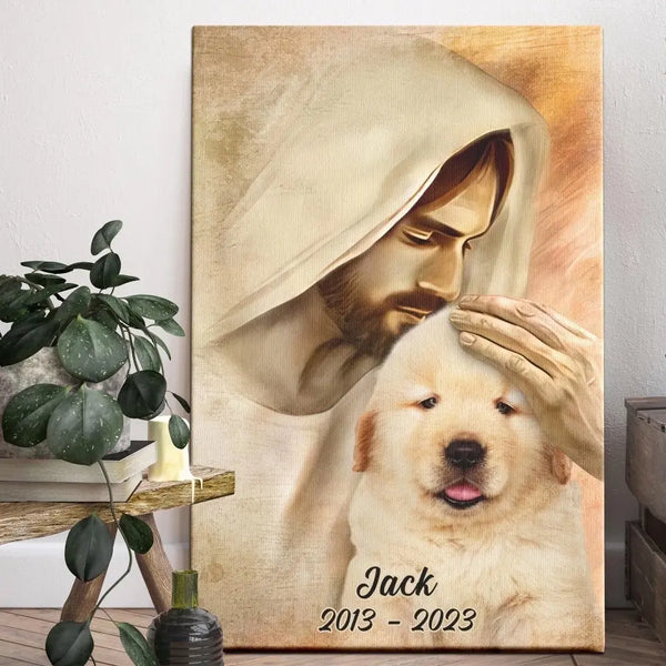 Personalized Canvas Prints Custom Photo, Pet Portrait With Jesus, Safe In God Hand Canvas, Dog Loss Gift, Dog Bereavement Gift Dem Canvas