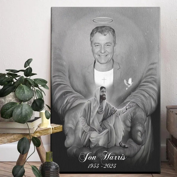 Personalized Canvas Prints Custom Photo And Name, Memorial Gift, Father In Heaven, Portrait With Jesus, Loss Of Father Dem Canvas