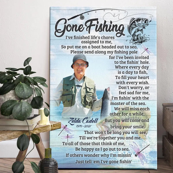 Personalized Canvas Prints, Custom Name And Photo, Gift For Dad, Gift For Grandpa Memorial Fishing, Gone Fishing Dem Canvas