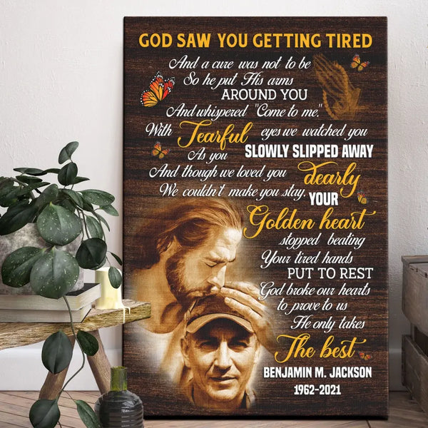 Personalized Canvas Prints, Custom Photo, Sympathy Gifts, Memorial Gift, Safe In The Arms Of Jesus, God Saw You Getting Tired Dem Canvas