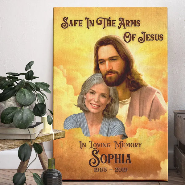 Personalized Canvas Prints, Custom Photo And Name, Memorial Gift, Sympathy Gifts,  Safe In The Arms Of Jesus Dem Canvas