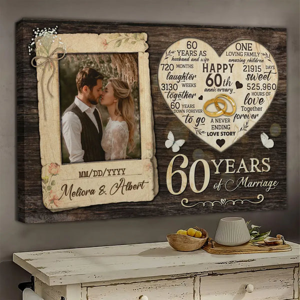 Personalized Photo Canvas Prints, Gifts For Couples, Happy 60th Anniversary Gift For Husband And Wife, Marriage Dried Flower Card Style Dem Canvas
