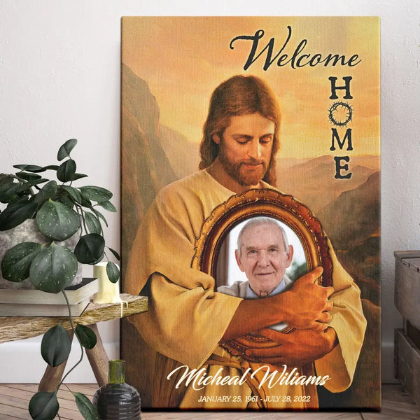 Personalized Canvas Prints, Custom Photo And Name, Memorial Gift, Mom Loss Gift, Father Loss Gift, Welcome Home, Safe In The Arms Of Jesus Dem Canvas
