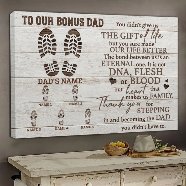 Personalized Canvas Prints Custom Name And Number Clipart - To Our Bonus Dad For Stepdad Father's Day, Love Dad Dem Canvas
