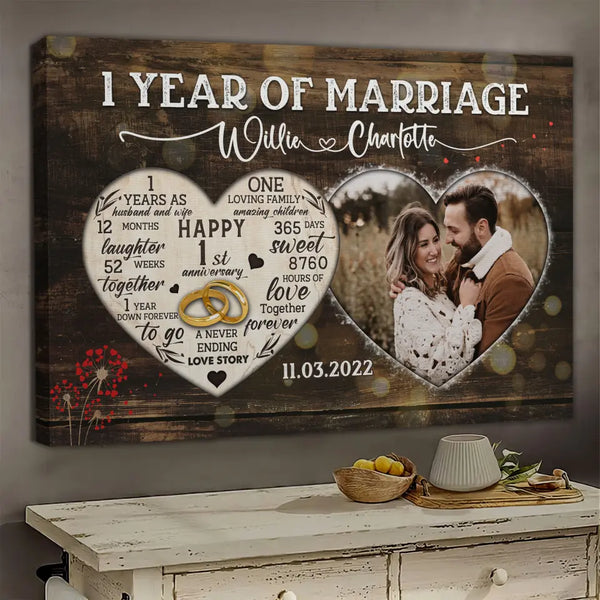 Personalized Canvas Prints, Custom Photo, Gifts For Couples, 1st Anniversary Gifts For Husband And Wife, Heart Frame 1 Year Of Marriage Dem Canvas