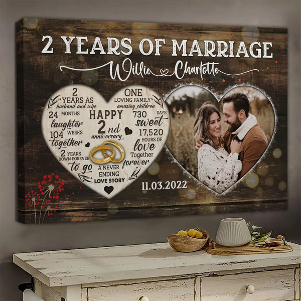 Personalized Canvas Prints, Custom Photo, Gifts For Couples, 2nd Anniversary Gifts For Husband And Wife, Heart Frame 2 Years Of Marriage Dem Canvas