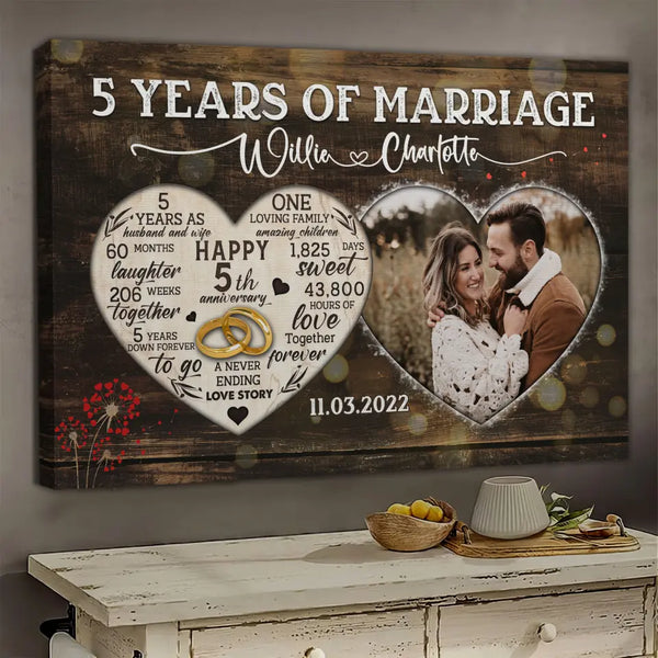 Personalized Canvas Prints, Custom Photo, Gifts For Couples, 5th Anniversary Gifts For Husband And Wife, Heart Frame 5 Years Of Marriage Dem Canvas