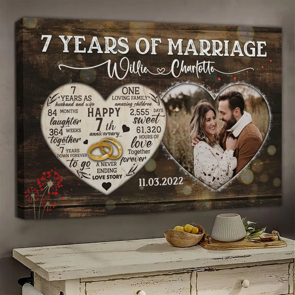 Personalized Canvas Prints, Custom Photo, Gifts For Couples, 7th Anniversary Gifts For Husband And Wife, Heart Frame 7 Years Of Marriage Dem Canvas