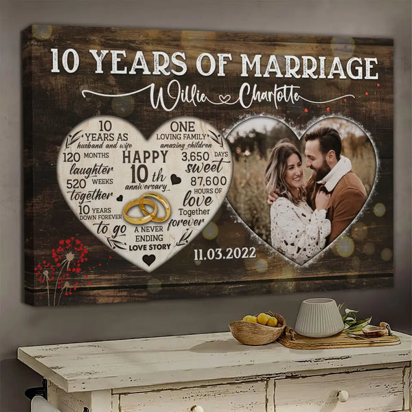 Personalized Canvas Prints, Custom Photo, Gifts For Couples, 10th Anniversary Gifts For Husband And Wife, Heart Frame 10 Years Of Marriage Dem Canvas