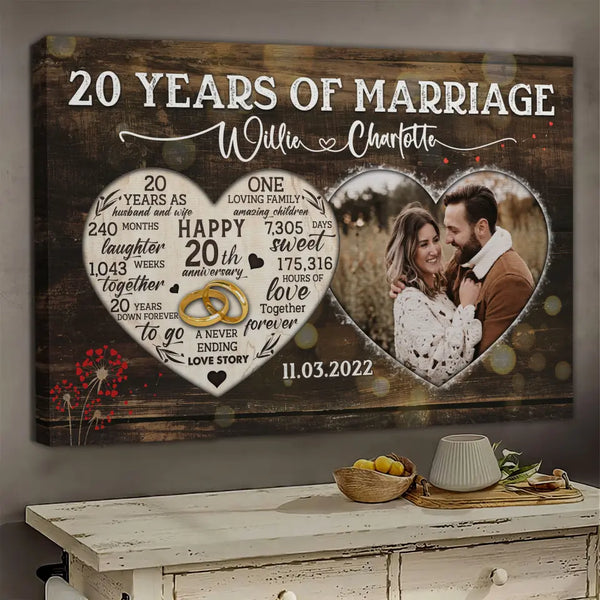 Personalized Canvas Prints, Custom Photo, Gifts For Couples, 20th Anniversary Gifts For Husband And Wife, Heart Frame 20 Years Of Marriage Dem Canvas