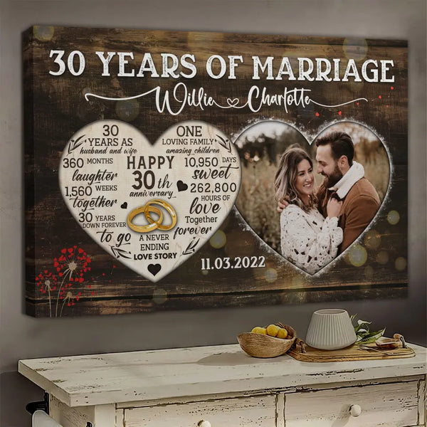 Personalized Canvas Prints, Custom Photo, Gifts For Couples, 30th Anniversary Gifts For Husband And Wife, Heart Frame 30 Years Of Marriage Dem Canvas