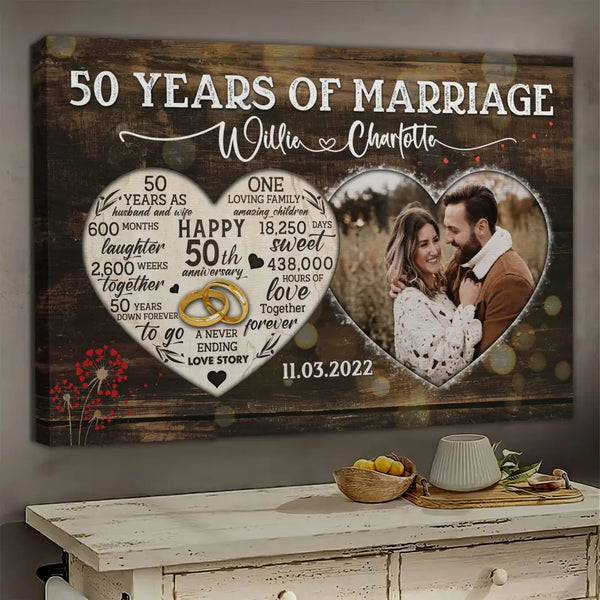 Personalized Canvas Prints, Custom Photo, Gifts For Couples, 50th Anniversary Gifts For Husband And Wife, Heart Frame 50 Years Of Marriage Dem Canvas