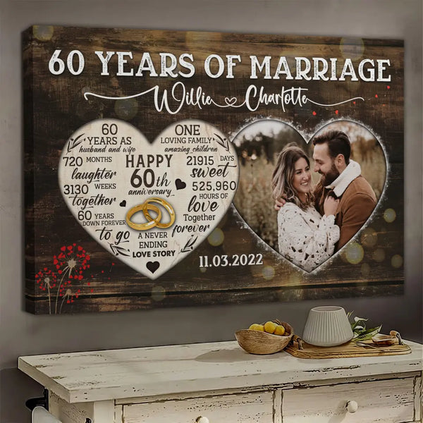 Personalized Canvas Prints, Custom Photo, Gifts For Couples, 60th Anniversary Gifts For Husband And Wife, Heart Frame 60 Years Of Marriage Dem Canvas