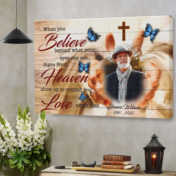 Personalized Canvas Prints Custom Name And Photo, Memorial Gifts For Loss, In Memorial Gifts, God Hands, Safe In Jesus's Arms Dem Canvas