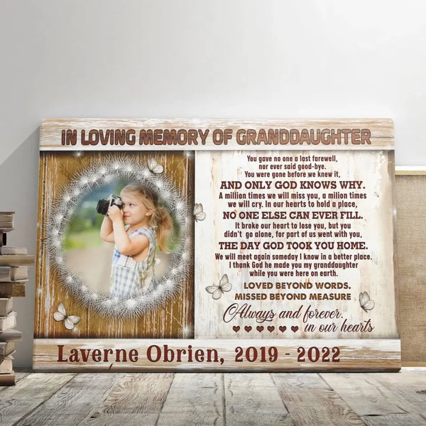 Personalized Canvas Prints, Custom Photo, Memorial Gift For Loss Of Granddaughter, Remembrance Gifts, In Loving Memory Of Granddaughter  Dem Canvas