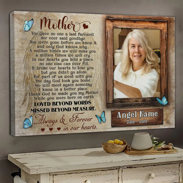 Personalized Canvas Prints, Upload Photo And Name, Memorial Gifts For Loss Of Mother, Memorial Gift, Always And Forever In Our Hearts Dem Canvas