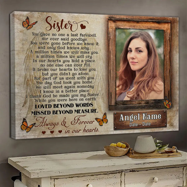 Personalized Canvas Prints, Upload Photo And Name, Memorial Gifts For Loss Of Sister, Memorial Gift, Always And Forever In Our Hearts Dem Canvas