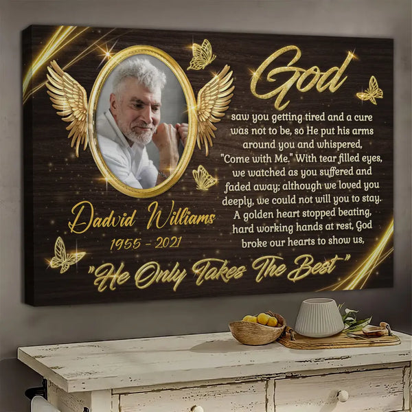 Personalized Canvas Prints, Custom Photo Sympathy Gifts, Remembrance Gifts, Bereavement Gifts, Gold Wings God Saw You Getting Tired Dem Canvas