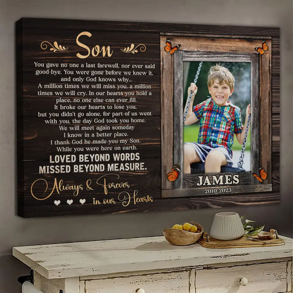 Personalized Canvas Prints, Memorial Gifts For Loss Of Son, Memorial Canvas for Son, Always And Forever In Our Hearts Dem Canvas