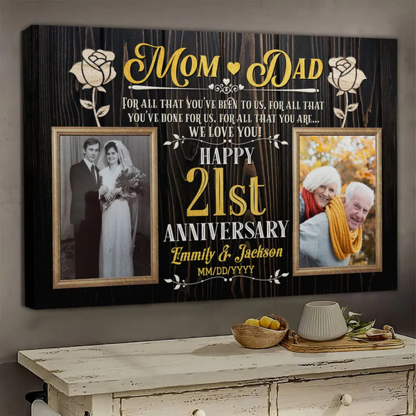 Personalized Photo Canvas Prints, Gifts For Couples, Wedding Anniversary, Gift For Couples,  Mom And Dad Happy 21st Anniversary Dem Canvas