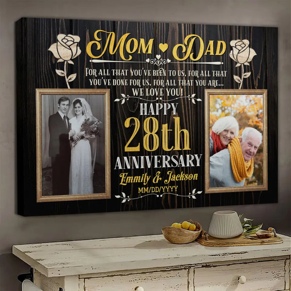Personalized Photo Canvas Prints, Gifts For Couples, Wedding Anniversary, Gift For Couples,  Mom And Dad Happy 28th Anniversary Dem Canvas