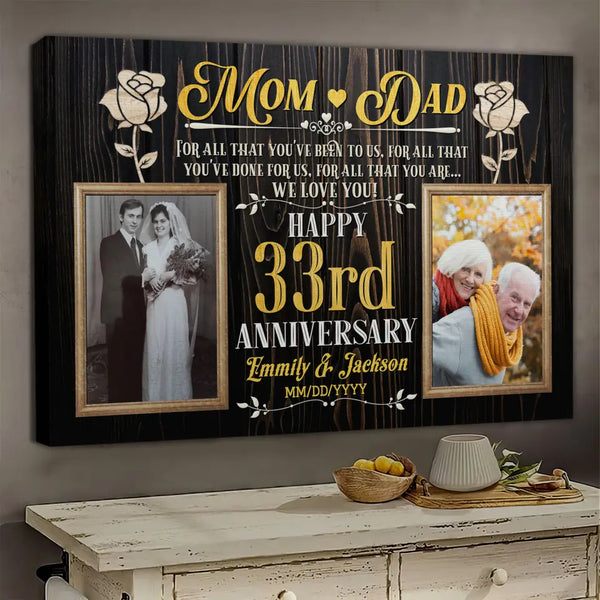 Personalized Photo Canvas Prints, Gifts For Couples, Wedding Anniversary, Gift For Couples, Mom And Dad Happy 33rd Anniversary Dem Canvas