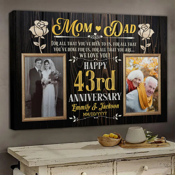 Personalized Photo Canvas Prints, Gifts For Couples, Wedding Anniversary, Gift For Couples, Mom And Dad Happy 43rd Anniversary Dem Canvas