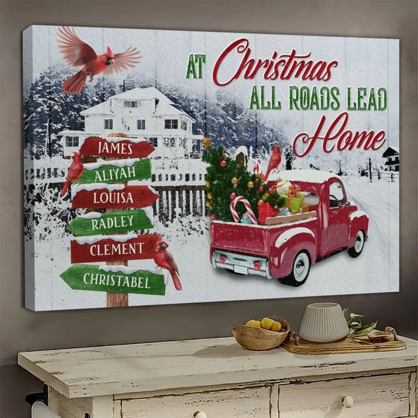 Personalized Canvas Prints, Custom Clip Art Christmas Gifts For Family, Christmas Decor, Cardinalis At Christmas All Roads Lead Home Dem Canvas