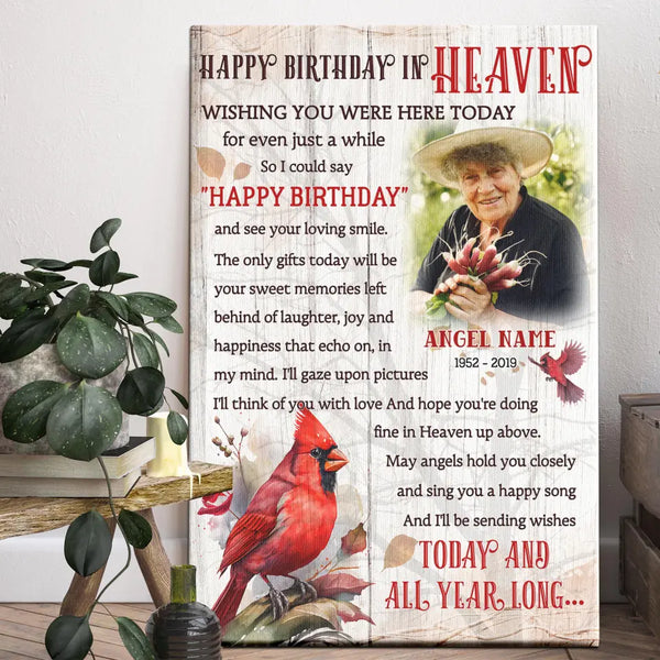 Personalized Canvas Prints, Custom Photo, Memorial Gifts, Sympathy Gifts, Remembrance Gifts, Red Cardinals Happy Birthday In Heaven Dem Canvas