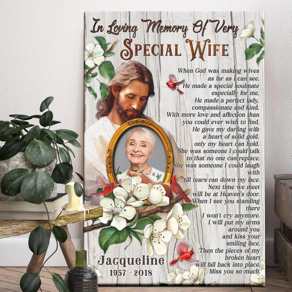 Personalized Canvas Prints, Custom Photo, Memorial Gifts, Sympathy Gifts, Jesus In His Arms, In Loving Memory Of Very Special Wife Dem Canvas