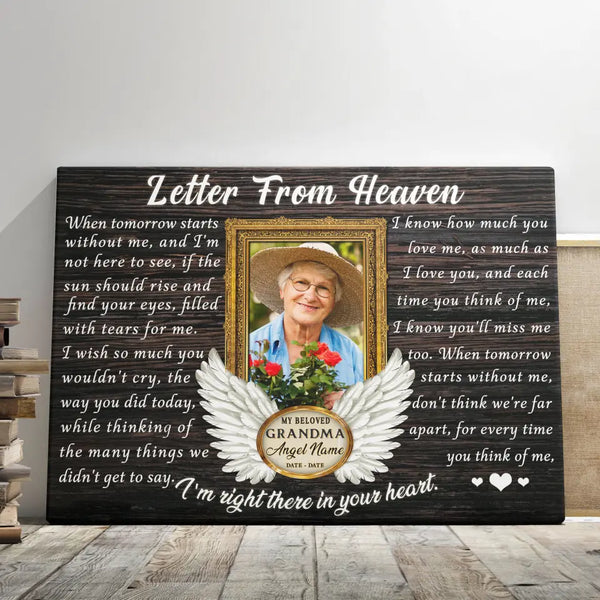 Personalized Canvas Prints, Custom Photo, Memorial Gifts, Sympathy Gifts, Loss Of Grandma, Angel Wings Letter From Heaven Dem Canvas