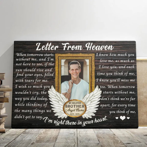 Personalized Canvas Prints, Custom Photo, Memorial Gifts, Sympathy Gifts, Loss Of Brother, Angel Wings Letter From Heaven Dem Canvas