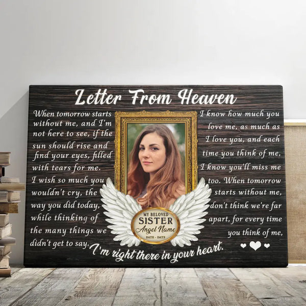 Personalized Canvas Prints, Custom Photo, Memorial Gifts, Sympathy Gifts, Loss Of Sister, Angel Wings Letter From Heaven Dem Canvas