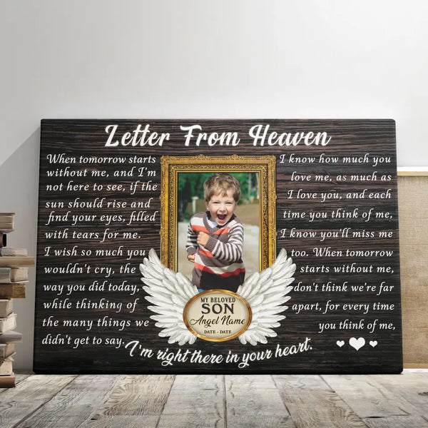 Personalized Canvas Prints, Custom Photo, Memorial Gifts, Sympathy Gifts, Loss Of Son, Angel Wings Letter From Heaven Dem Canvas