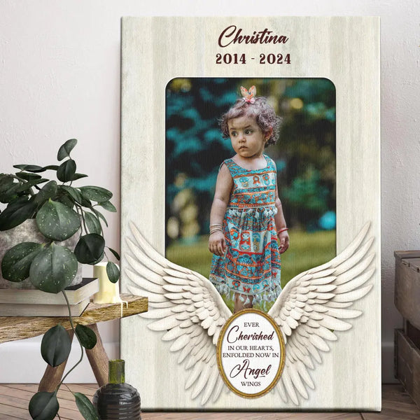 Personalized Canvas Prints, Custom Photo, Remembrance Gifts, Memorial Gifts For Daughter, Cherished In Our Hearts Enfolded In Angel Wings Dem Canvas