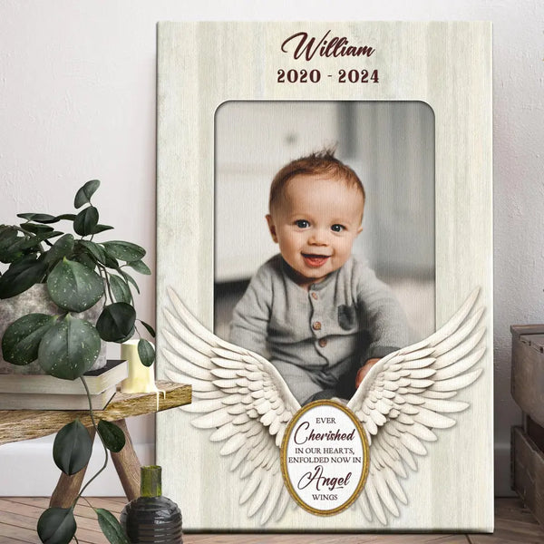 Personalized Canvas Prints, Custom Photo, Remembrance Gifts, Memorial Gifts For Son, Cherished In Our Hearts Enfolded In Angel Wings Dem Canvas