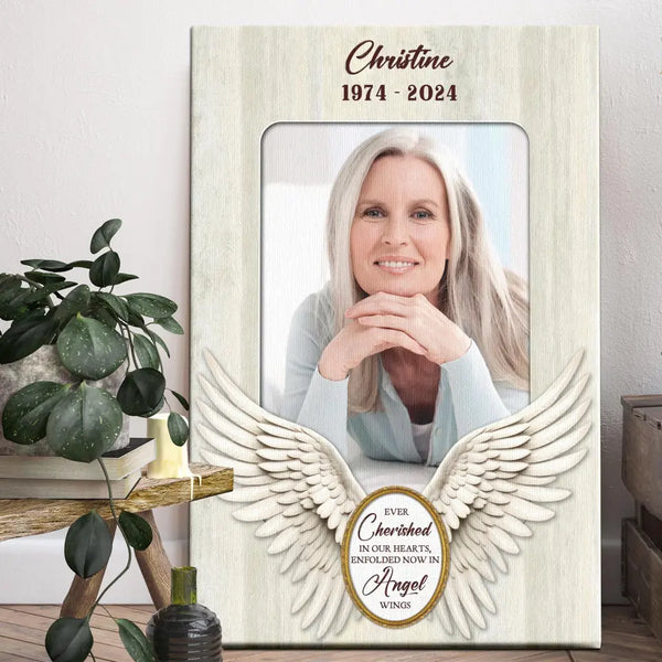 Personalized Canvas Prints, Custom Photo, Remembrance Gifts, Memorial Gifts For Mother, Cherished In Our Hearts Enfolded In Angel Wings Dem Canvas