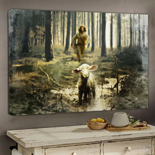 Canvas Prints, Jesus Running After a Lost Lamb, Jesus Lamb of God, Christian Canvas, Christian Watercolor Style, Luke 15:3-7 Dem Canvas