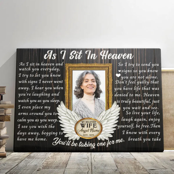 Personalized Canvas Prints, Custom Photo, Memorial Gifts, Sympathy Gifts, Loss Of Wife, Angel Wings As I Sit In Heaven Dem Canvas