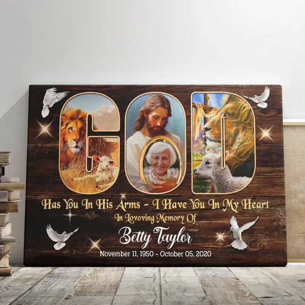 Personalized Canvas Prints, Custom Photo, Sympathy Gifts, Memorial Gifts, Loss Parents, Safe In The Arms Of Jesus, God Has You In His Arms Dem Canvas