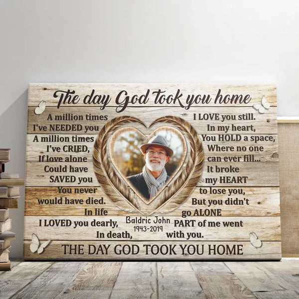 Personalized Canvas Prints, Custom Photo, Memorial Gifts, Sympathy Gifts, Loss Of Dad, Heart Feather Frame The Day God Took You Home Dem Canvas