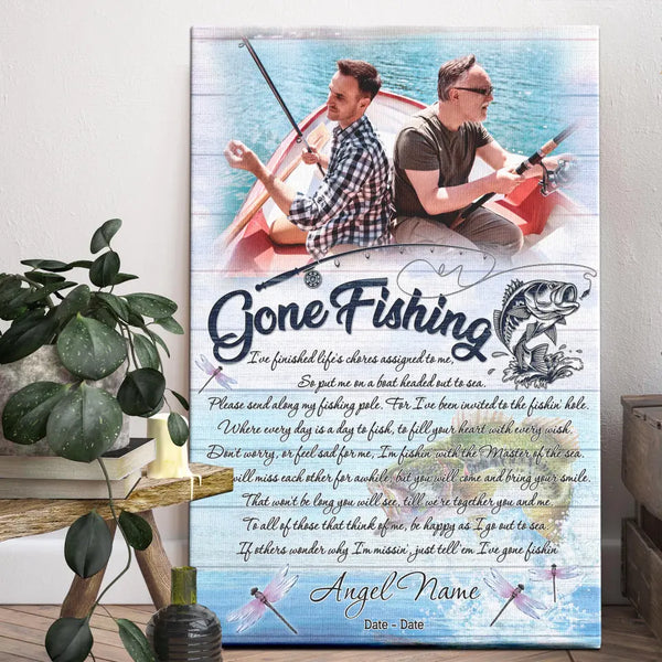 Personalized Canvas Prints, Custom Photo, Memorial Gifts, Sympathy Gifts, Loss Of Dad, Loss Of Grandpa, Fishing In Heaven, Gone Fishing Dem Canvas