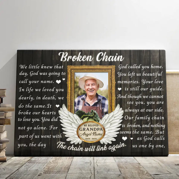 Personalized Canvas Prints, Custom Photo, Memorial Gifts, Sympathy Gifts, Loss Of Grandpa, Angel Wings Broken Chain Dem Canvas
