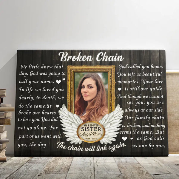 Personalized Canvas Prints, Custom Photo, Memorial Gifts, Sympathy Gifts, Loss Of Sister, Angel Wings Broken Chain Dem Canvas