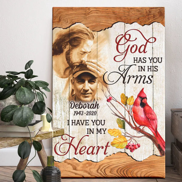 Personalized Photo Canvas Prints, Custom Photo, Memorial Gifts, Sympathy Gifts, Remembrance Gifts, Jesus God Has You In His Arms Dem Canvas